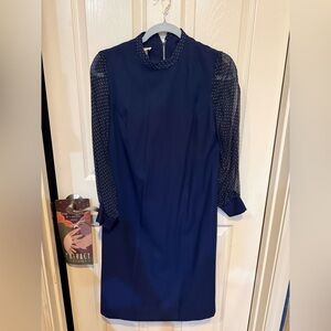 Vintage Navy Dress with Sheer Polka Dot Sleeves
